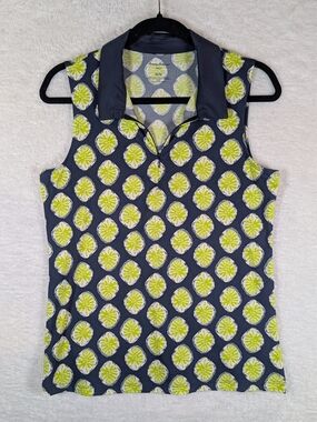 509-Tommy Bahama Navy Sleeveless Collared Tank with Lime Print